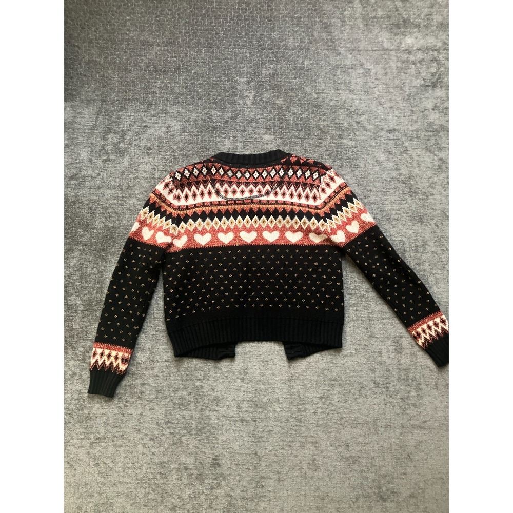 Imoga‎ Cardigan Sweater Girls 8 Black Fair Isle Heart Details Knit Button Front